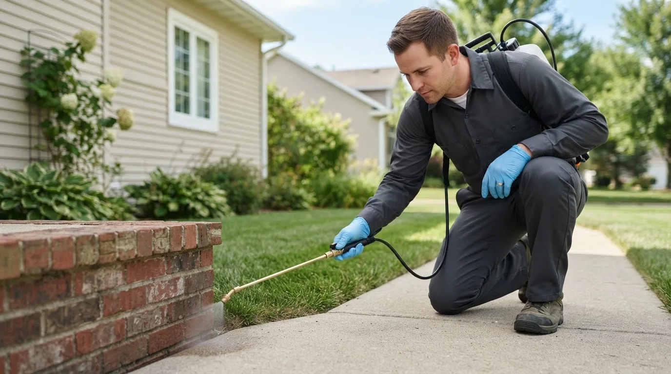 Pest control technician treating a home near Wayland, IA