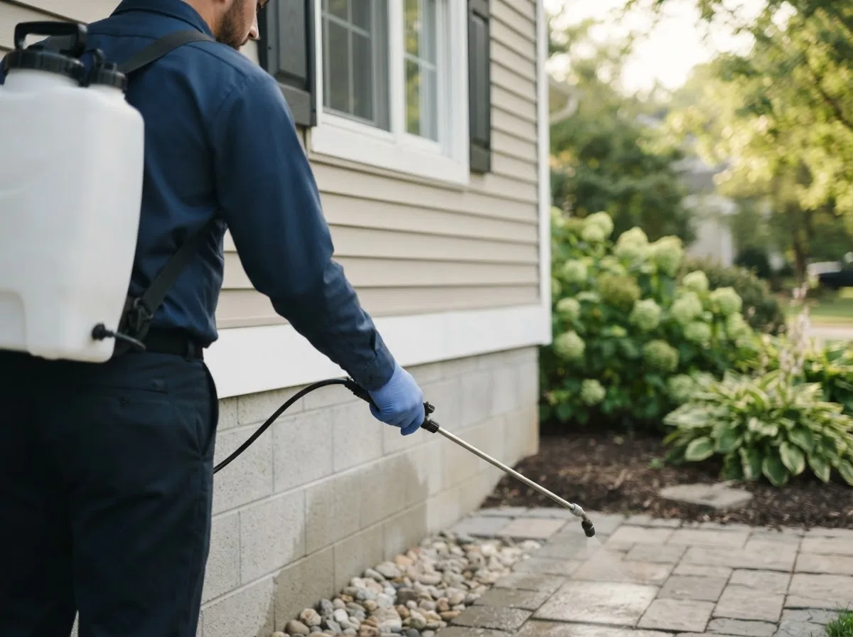 Pest control technician inspecting a home in Wayland, IA